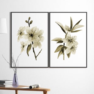 Stampa murale floreale beige, stampe vintage di fiori di ciliegio, set di 2 stampe di fiori secchi, stampa murale acquerello beige, poster di fiori botanici color tortora