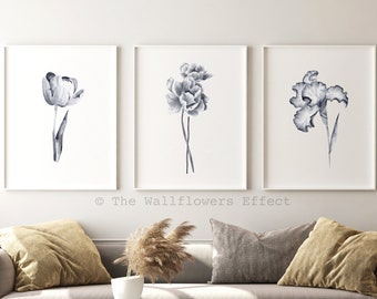 White Flowers Prints, Grey Floral Wall Art, Peonies Print, Tulips Poster, Set 3 Floral Minimalist Prints, Grey Floral Decor, Nursery Decor