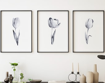 Watercolor Gray Tulips Painting Set 3 Floral Shabby Chic Print Abstract Flower Artwork Minimalist Art Bedroom Wall Decor Gift Nursery Decor