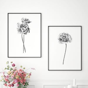 Peony Grey Prints, Gray Botanical Art, Set of 2 Black and White Art Prints, Peonies Modern Illustration, Abstract Floral Wall Decor
