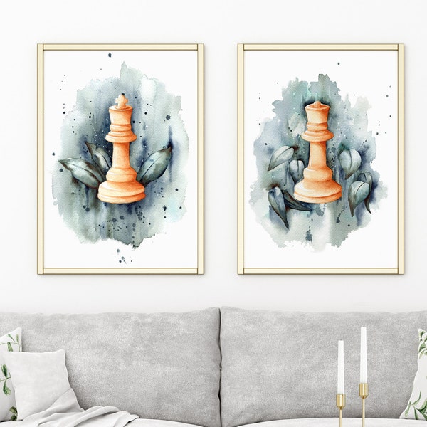 Set of 2 Chess Prints | Modern Chess Decor | Chess Watercolor Glicee Prints | Queens Gambit Inspired Chess Prints | King Queen Chess Poster