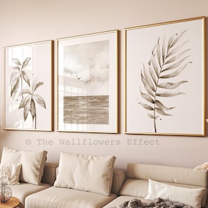 Arte de parede neutra, arte de parede tropical, conjunto de arte de parede sépia costeira, decoração de parede bege suave, arte moderna orgânica, arte de parede estética neutra