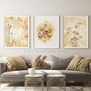 Arte murale con fiori secchi, arte murale botanica, stampa di fiori di campo, stampa beige senape ocra, poster decorativo con fiori secchi, fiori acquerellati