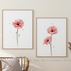 Stampe da parete con papaveri, set di stampe con papaveri, stampe botaniche acquerellate, decorazioni da parete floreali delicate, decorazioni da parete con papaveri, arte floreale minimalista