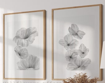 抽象的な花のアートプリント、ミニマリストの白黒植物セット