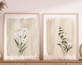 Wildflowers Bouquet Prints, Neutral Minimalist Botanical Art