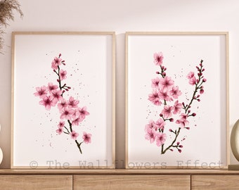 Set of 2 Cherry Blossom Floral Glicee Print, Blush Pink Floral Wall Art, Set of Two Sakura Prints, Watercolor Cherry Blossom Wall Decor