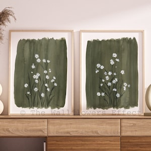 Daisy Wall Art, Set of 2 Earthy Green Wall Art, Muted Dark Floral Wall Decor, Muted Olive Green Wall Art, White Daisy Watercolor Art