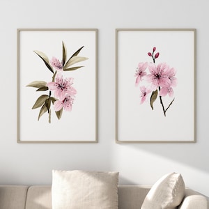 Cherry Blossom Painting, Set of 2 Blush Pink Art Prints, Mother's Day Gift, Japanese Modern Watercolor, Pink Wall Decor