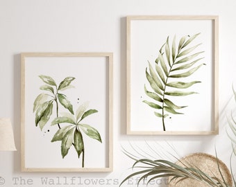 Set de láminas de acuarela de hojas de palma, arte mural botánico minimalista verde