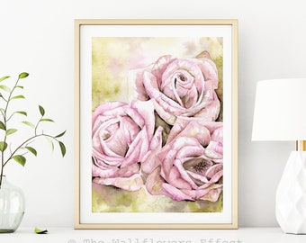 Pink Roses Print, Watercolor Botanical Illustration