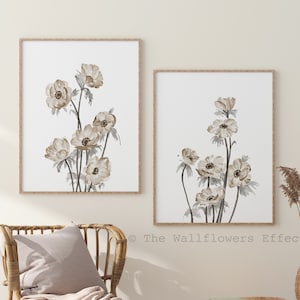 Decorazione murale con fiori secchi, stampe Cosmos, set di 2 stampe di fiori beige, decorazione murale con fiori di campo, decorazione floreale per camera da letto, decorazione murale con bouquet di fiori