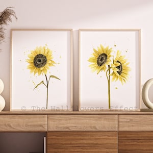 Sunflowers Wall Art, Sunflowers Watercolor Paintings, Set of 2 Sunflower Art Prints, Yellow Living Room Wall Decor, Sunflowers Art Print
