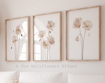 Estampados de amapolas neutrales, arte floral minimalista de pared en beige, juego de 3 estampados en gris topo