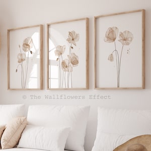 Stampe di papaveri, stampe da parete neutre, stampe da parete con fiori di campo, stampe minimaliste color tortora, stampe da parete beige, decorazioni per il soggiorno sobrie, stampe neutre