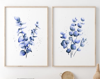 Blue Eucalyptus Prints | Watercolor Eucalyptus Wall Art | Navy Blue Wall Art | Indigo Blue Prints | Set of 2 Blue Botanical Prints