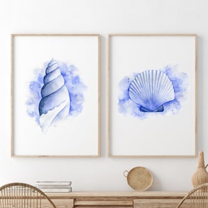 Set of 2 Coastal Watercolor Wall Prints | Blue SeaShell Prints | Nautical Marine Crustaceancore Wall Art | Seashell Wall Decor | Sea Posters