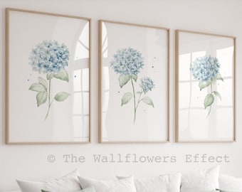 Blue Hydrangea Wall Art, Set of 3 Prints, Minimalist Wall Decor, Farmhouse Wall Decor, Botanical Prints, Abstract Flowers, Hamptons Artwork
