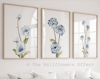 Floral Prints, Blue Wall Art, Peonies Prints, Set of 3 Art Prints, Deep Blue Wall Art, Minimalist Floral Decor, Abstract Botanical Prints