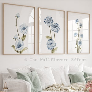 Stampe floreali, stampe da parete blu, stampe di peonie, set di 3 stampe artistiche, stampe da parete blu intenso, decorazioni floreali minimaliste, stampe botaniche astratte