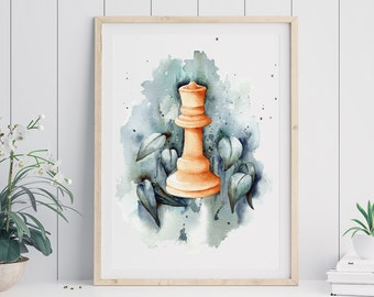 Queen Chess Print | Modern Chess Wall Art | Chess Watercolor Fine Art | Queen Chess Glicee Print | Queen&#39;s Gambit Wall Decor