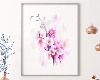 Orchideen Wandkunst, rosa Orchideendruck, rosa Blumen Kunstdruck, Aquarell Blumen Wohnkultur, rosa Fine Art Blumendruck, lila Orchideen Geschenk
