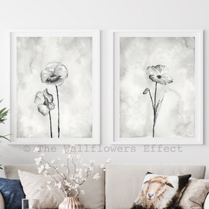 Poppies Wall Art, Black and White Prints, Watercolor Botanical Prints, Neutral Grey Wall Decor, Poppies Wall Decor, Minimalist Flowers Art