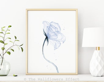 Baby Blue Watercolor Print, Blue Flower Wall Art, Transparent Wall Decor, Navy Blue Art Poster, Blue Nursery Decor, Flower Art Print