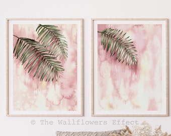 Tropical Wall Art, Palm Leaves Wall Art, Abstract Botanical Wall Decor, Watercolor Palm Tree Prints, Pink Wall Palm Poster, Beach Home Decor