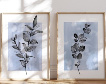 Set de láminas de acuarela de eucalipto azul, arte botánico para pared