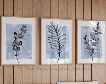 Blue Botanical Wall Art Prints, Minimalist Watercolor Set of 3