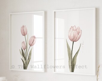 Stampe artistiche ad acquerello di tulipani rosa, decorazioni floreali rosa pastello, set da 2