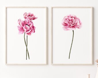Helle rosa Pfingstrose Aquarellkunst, Set mit 2 Blumendrucken