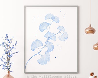 Gingko Leaves Wall Art, Blue Leaves Wall Art, Minimalist Blue Wall Decor, Baby Blue Gingko Leaves, Blue Art Deco Prints, Japandi Wall Art