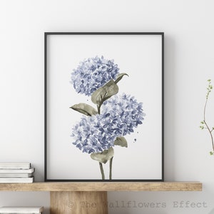Blaue Hortensie Wandkunst, Blaue Blumen Wandkunst, Hortensie Blume botanischer Druck, Handgemaltes Blumenwanddekor, Blaues Aquarell Dekor