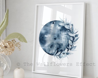 Full Moon Wall Art, Blue Moon Bedroom Decor, Blue Moon Indigo Wall Art, Blue White Art Print, Celestial Watercolor Print Bedroom Art