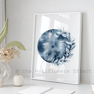 Full Moon Wall Art, Blue Moon Bedroom Decor, Blue Moon Indigo Wall Art, Blue White Art Print, Celestial Watercolor Print Bedroom Art