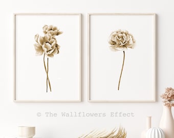 Sepia Peonies Watercolor Art Prints, Botanical Set of 2