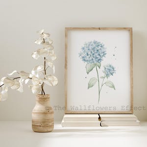 Blauwe hortensia kunst aan de muur, blauwe bloem kunst aan de muur, hortensia bloem botanische print, handgeschilderde bloemen muur decor, blauwe aquarel decor