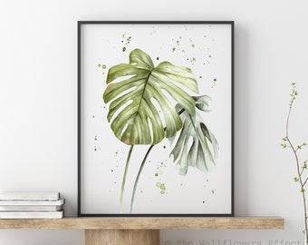 Watercolor Monstera Leaf Print, Tropical Wall Art