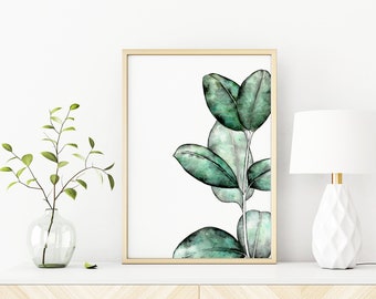 Blue Green Wall Art, Green Botanical Print, Greenery Fine Art Print, Ficus Wall Art, Ficus Elastica Print, Turquoise Wall Art Print