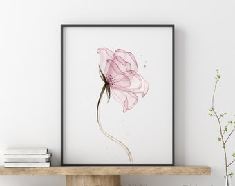 Blush Pink Watercolor Print, Pink Flower Wall Art, Transparent Wall Decor, Rose Gold Art Poster, Pink Nursery Decor, Flower Art Print