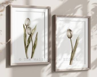 Tulips Watercolor Print Set, Muted Beige, Botanical Wall Art