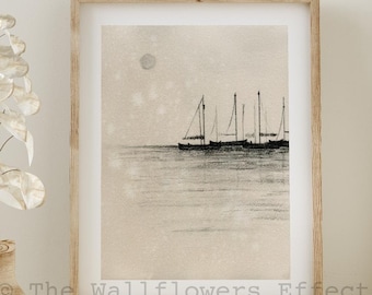 Sailing Print, Sailboat Print, Charcoal Drawing, Hand Painted Watercolor Art, Sepia Vintage Wall Art, Neutral Print, Ocean Landscape Print