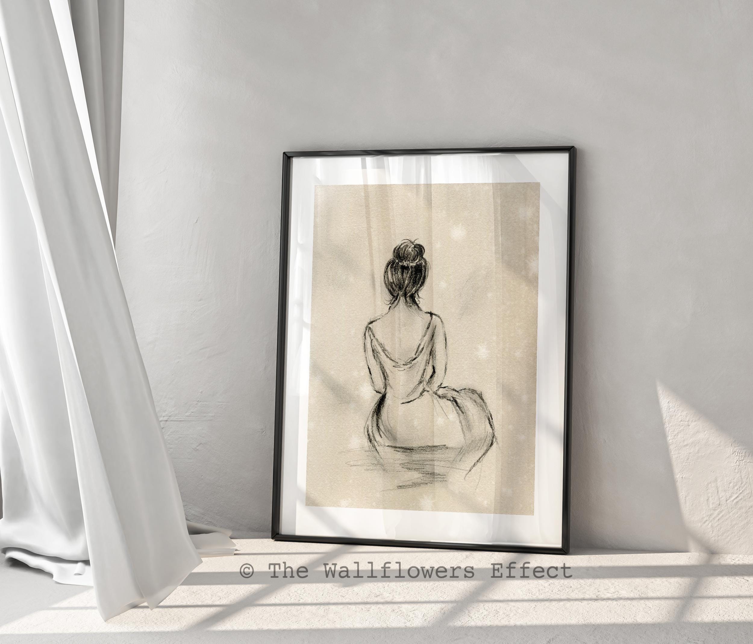 Vintage Woman Back Line Drawing Print, Charcoal Sketch Wall Art, Neutral Farmhouse Home Decor
