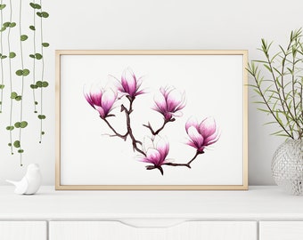 Magnolia Wall Art, Minimalist Floral Glicèe Print, Pink Flowers Fine Art Print, Modern Watercolor Magnolia Print, Magenta Flowers Print