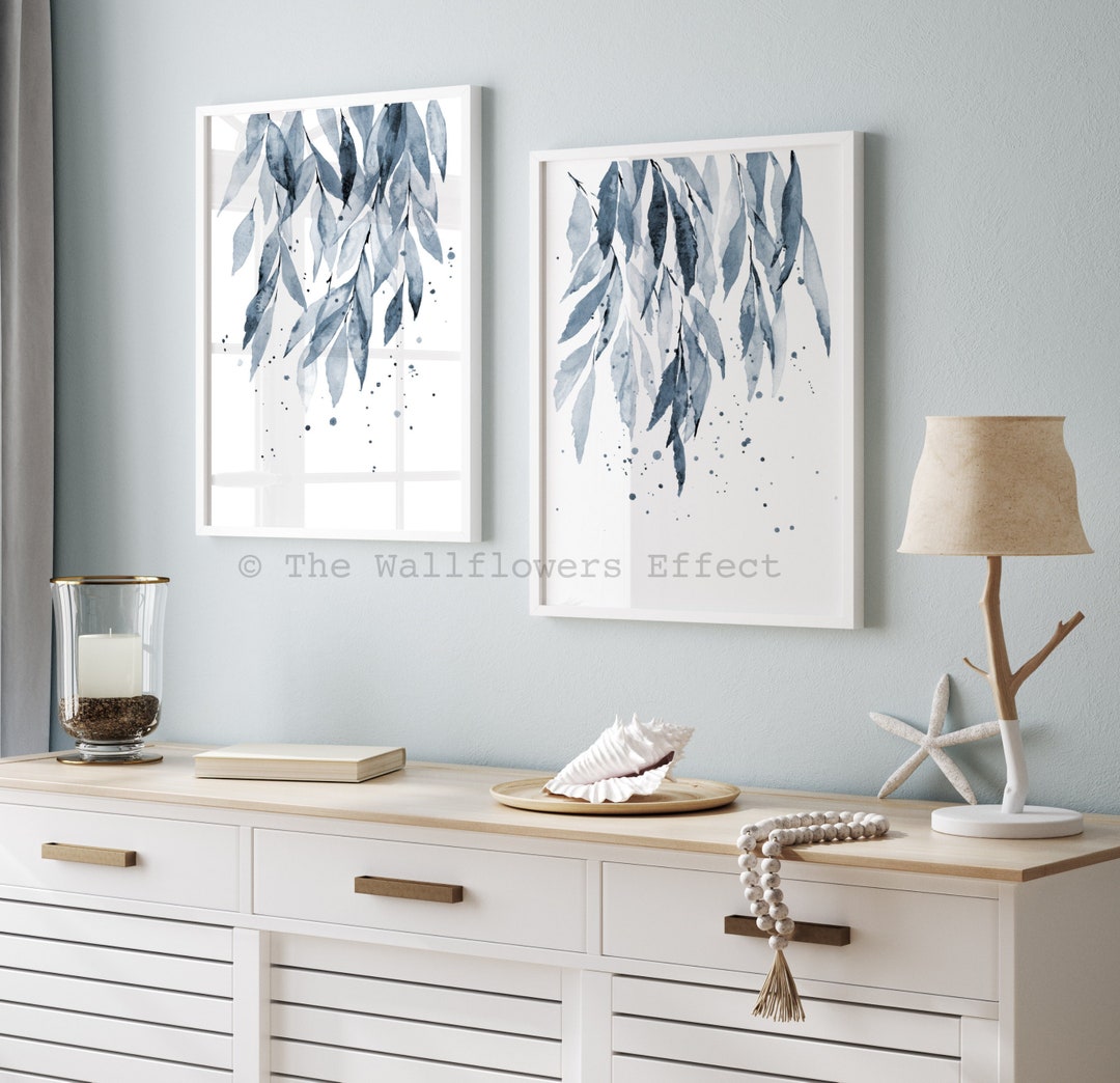 Blue Leaves Wall Art, Botanical Prints, Blue Watercolor Wall Decor