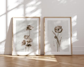 Sepia Wall Art, Botanical Wall Art, Poppies Prints, Minimalist Flowers Print, Neutral Wall Decor, Flower Illustration Print