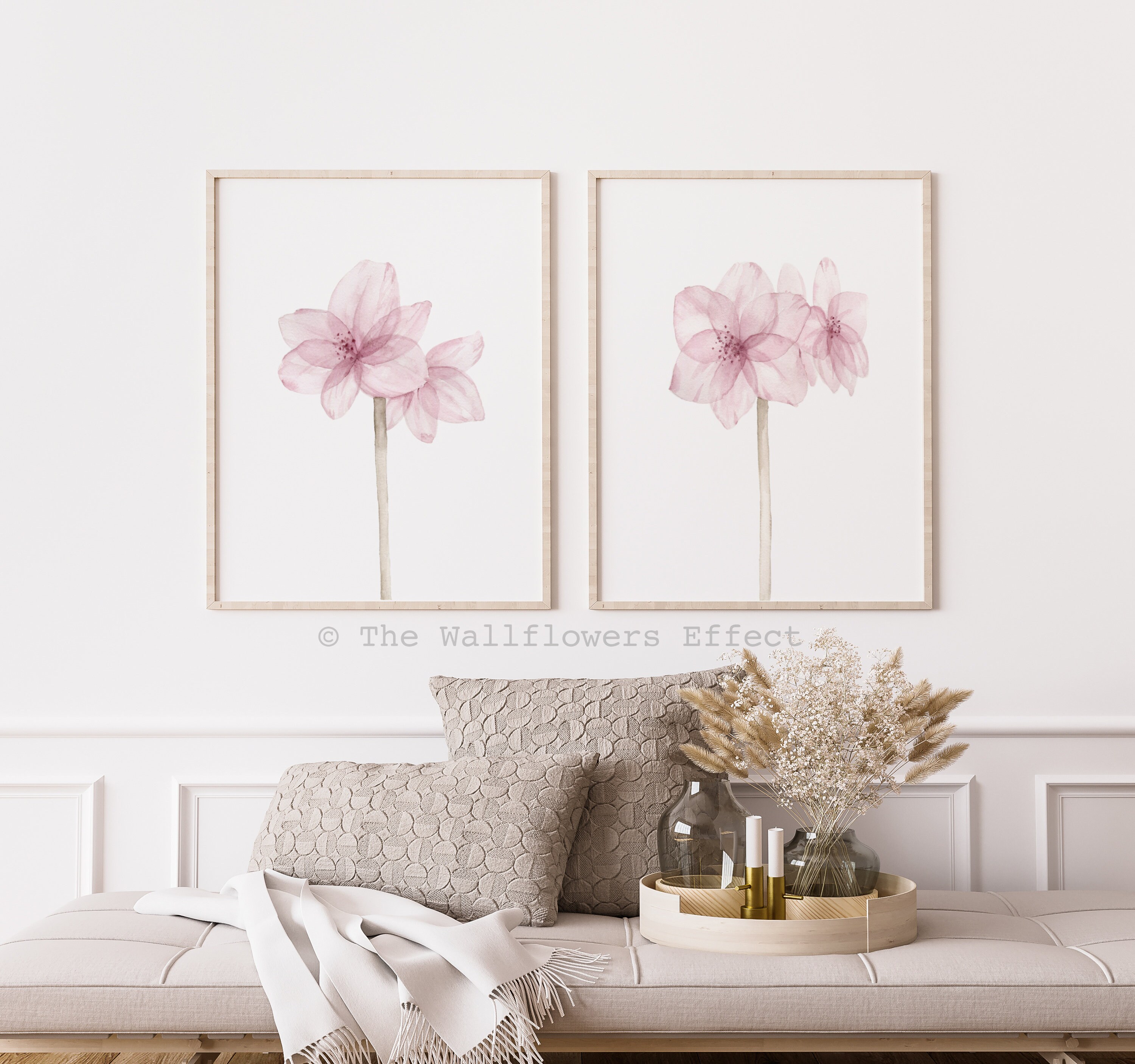 Pink Flowers Wall Art, Blush Pink Decor, Set of 2 Watercolor Pink
