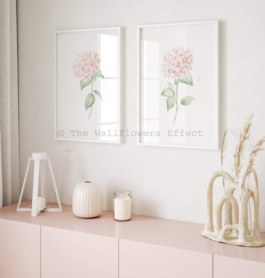 Pastel Pink Hydrangea Watercolor Wall Art, Pink Botanical Set of 2 ...